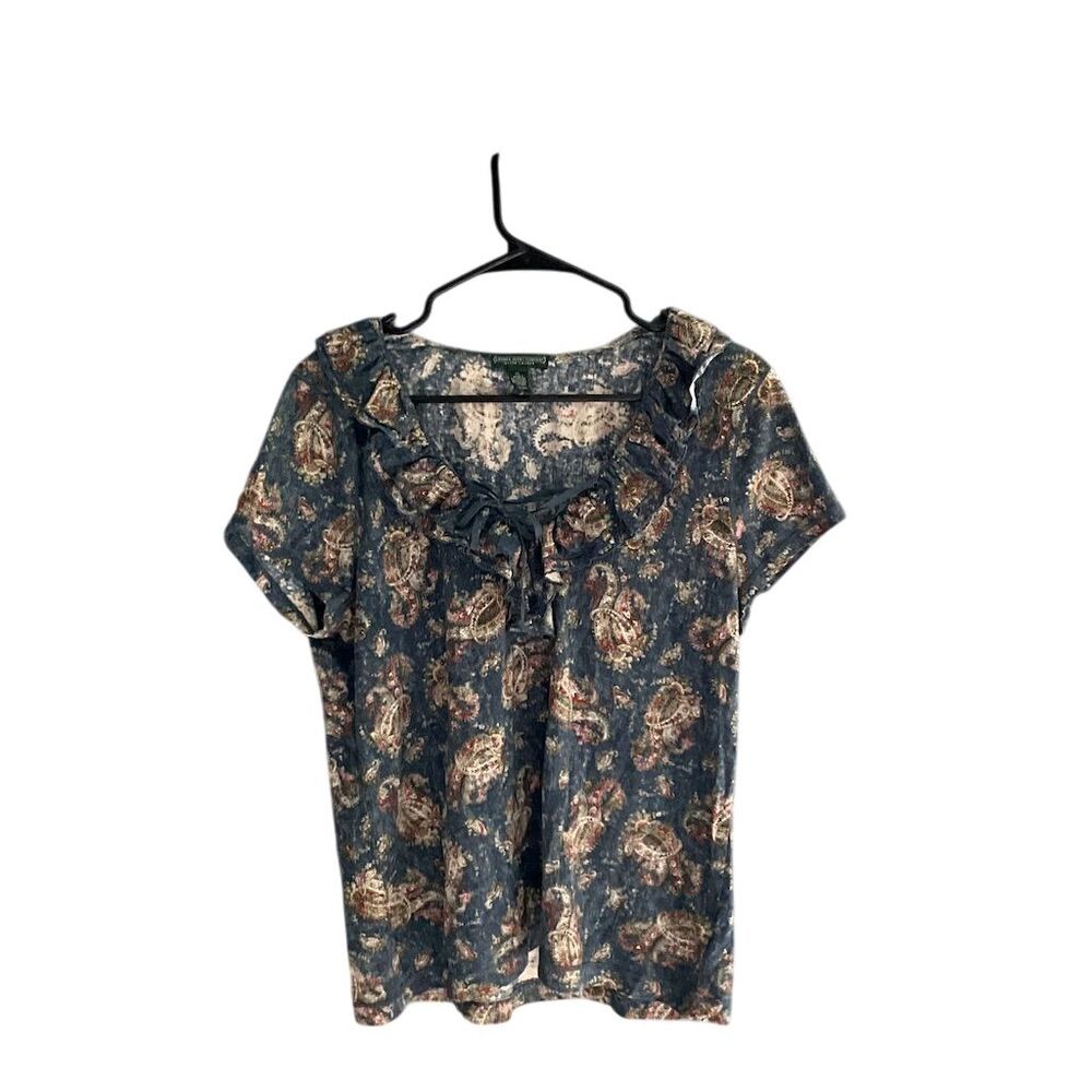Ralph Lauren Jeans Co.‎ Black label Women's XL Blue Paisley Ruffle Blouse Casual